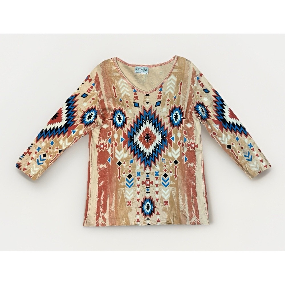 Cactus Bay SMALL Western Aztec Southwest Boho Native Tribal Embellished Shirt